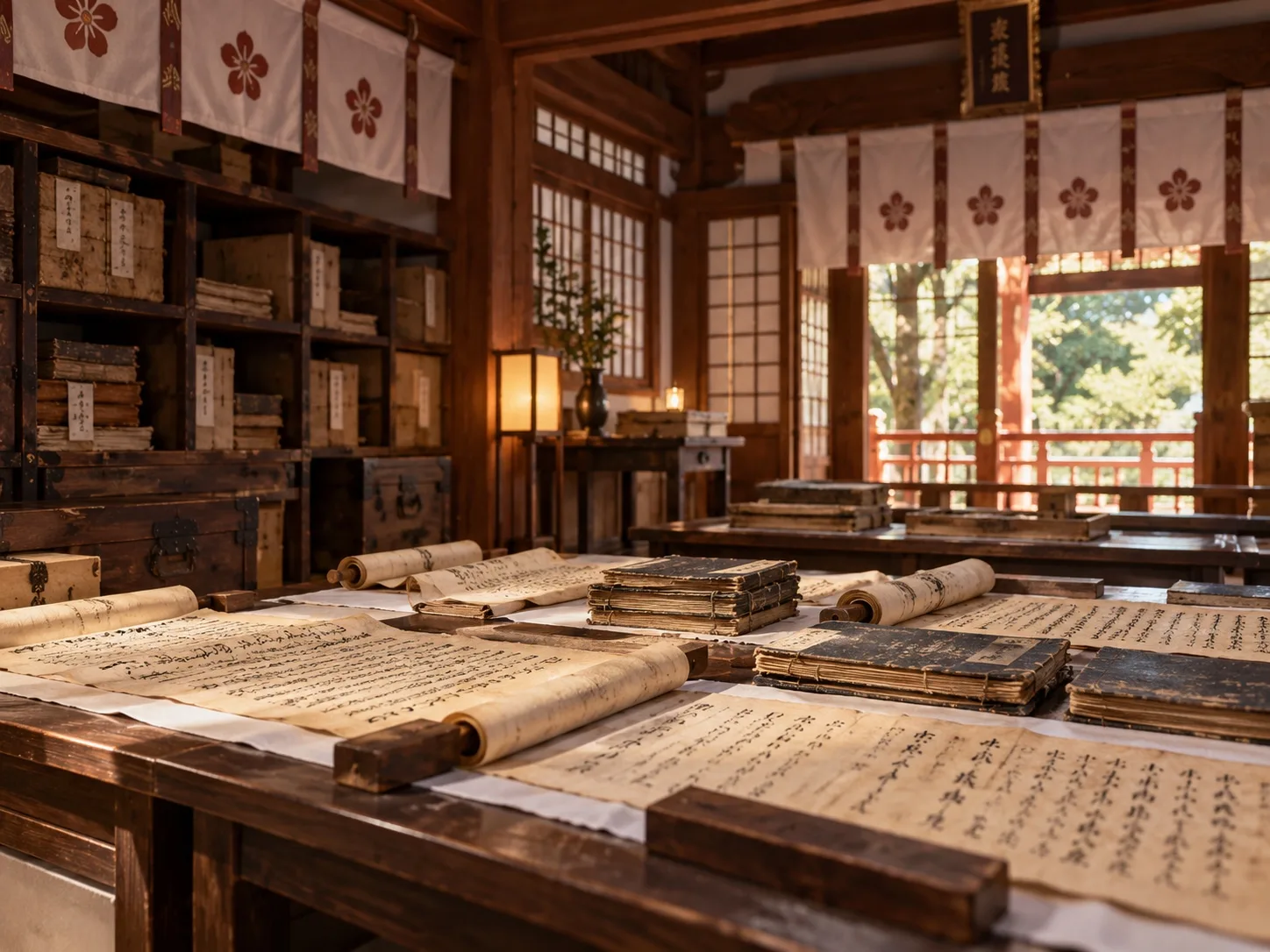 古文書や巻物を点検する赤綴神社の保管室