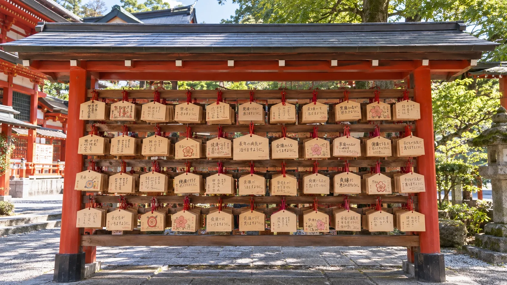 さまざまな願いが奉納された赤綴神社の絵馬掛け