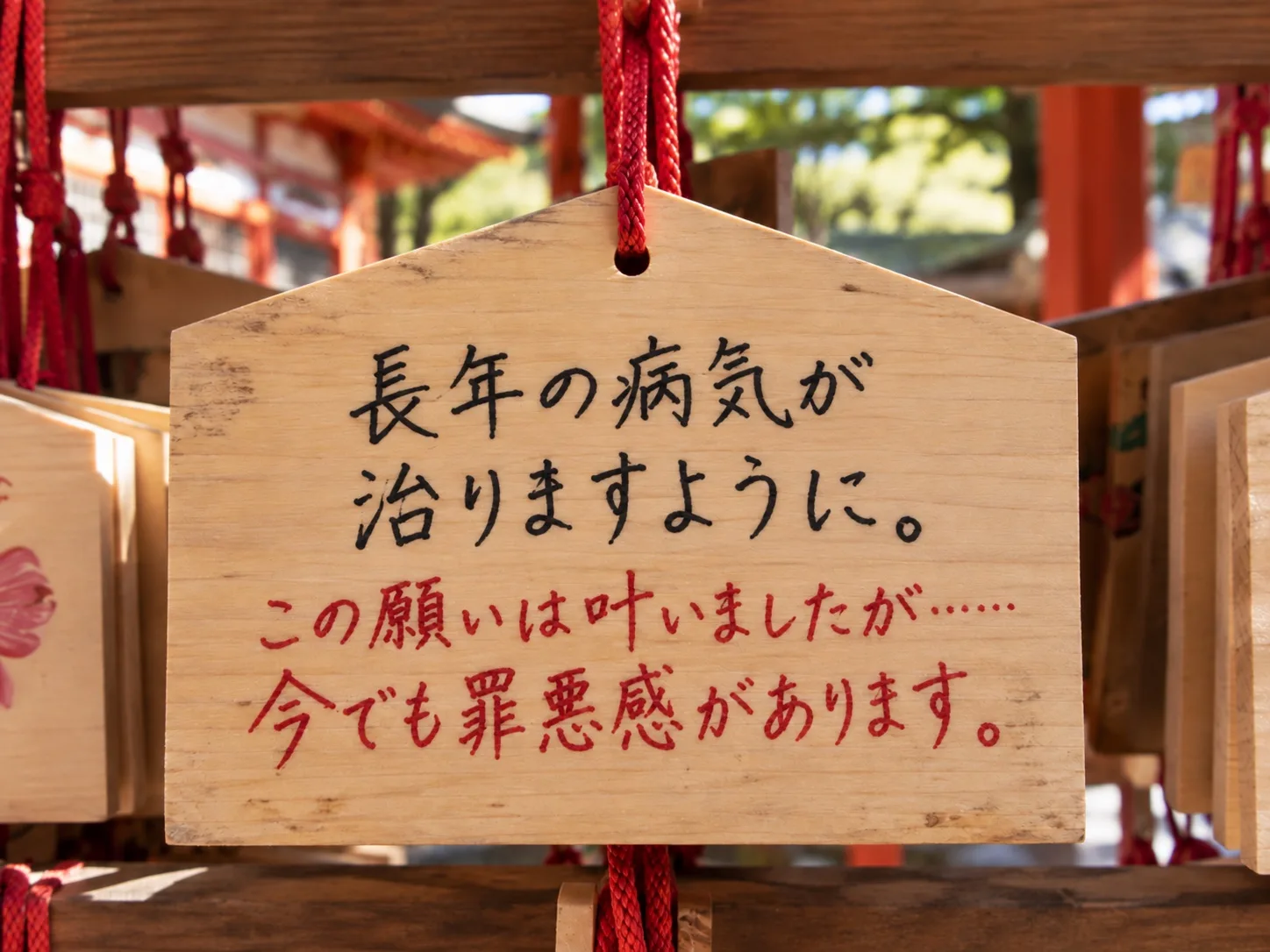 病気平癒の願いと、この願いは叶いましたが今でも罪悪感がありますという赤い文字が書かれた絵馬