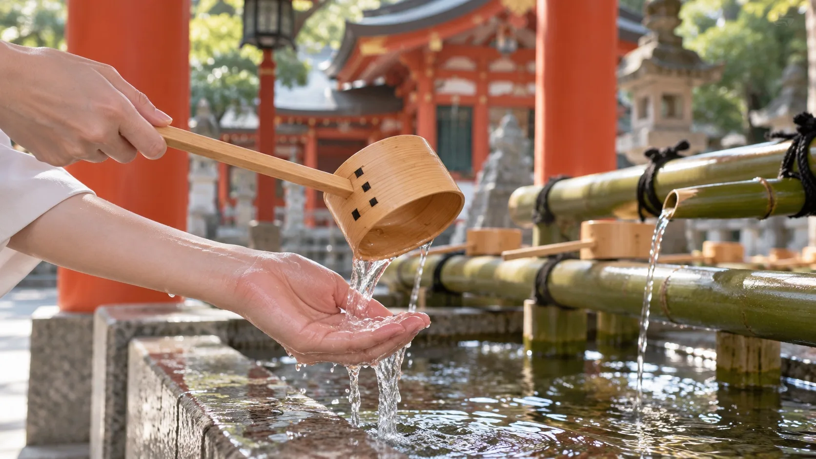 柄杓の水で手を清める手水の様子
