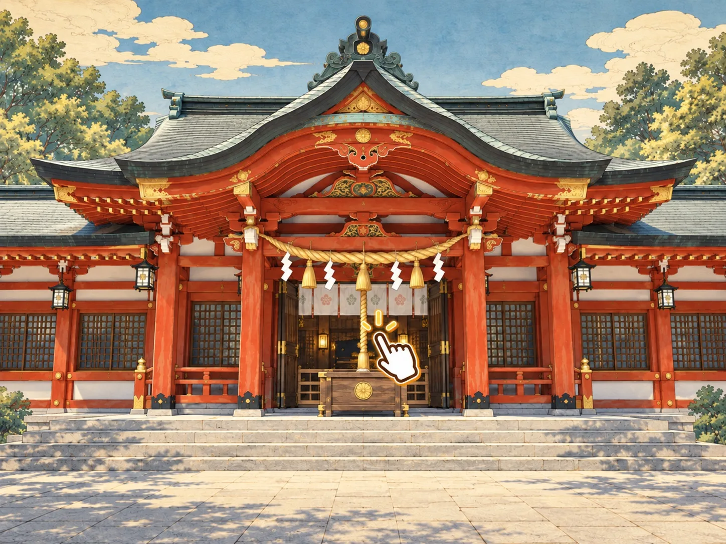 赤綴神社の拝殿と中央の鈴緒を描いたWeb参拝イラスト